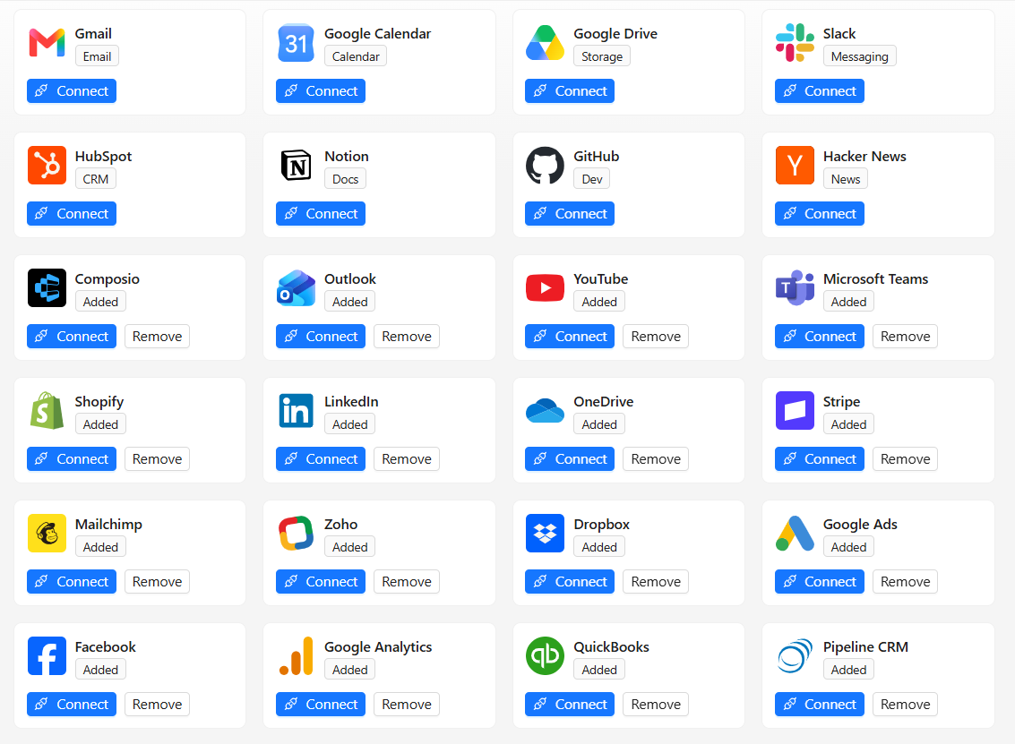 The Widrow connect screen showing available integrations including Gmail, Slack, HubSpot, Zoho, Shopify, Stripe and Microsoft Teams